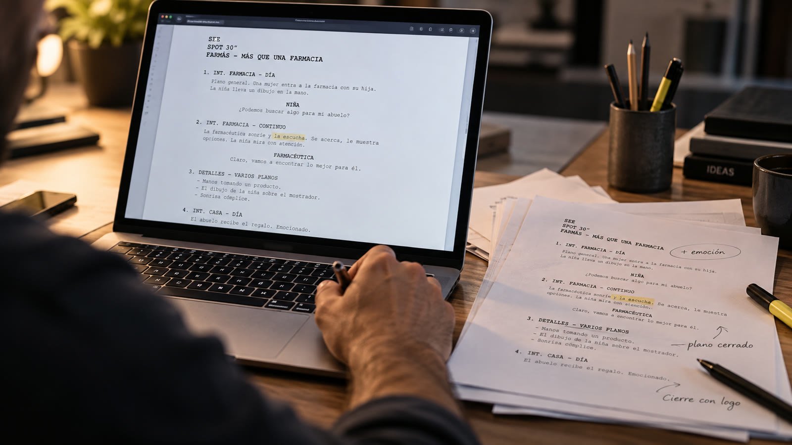 Guion de un spot de Farmás en la laptop y en papel, con anotaciones a mano